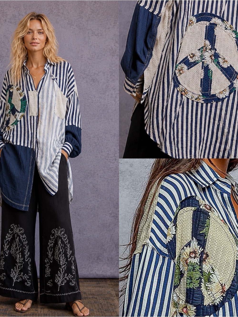 POL “ Bonfire Peace “ Button Down Stripe Peace Patch Shirt | Blue